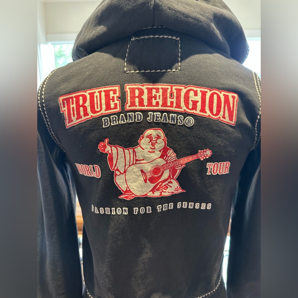 True Religion Y2K Big T Red Stitch Logo Zip Hoodie (Kids Medium OR Women’s XS) - Picture 3 of 7